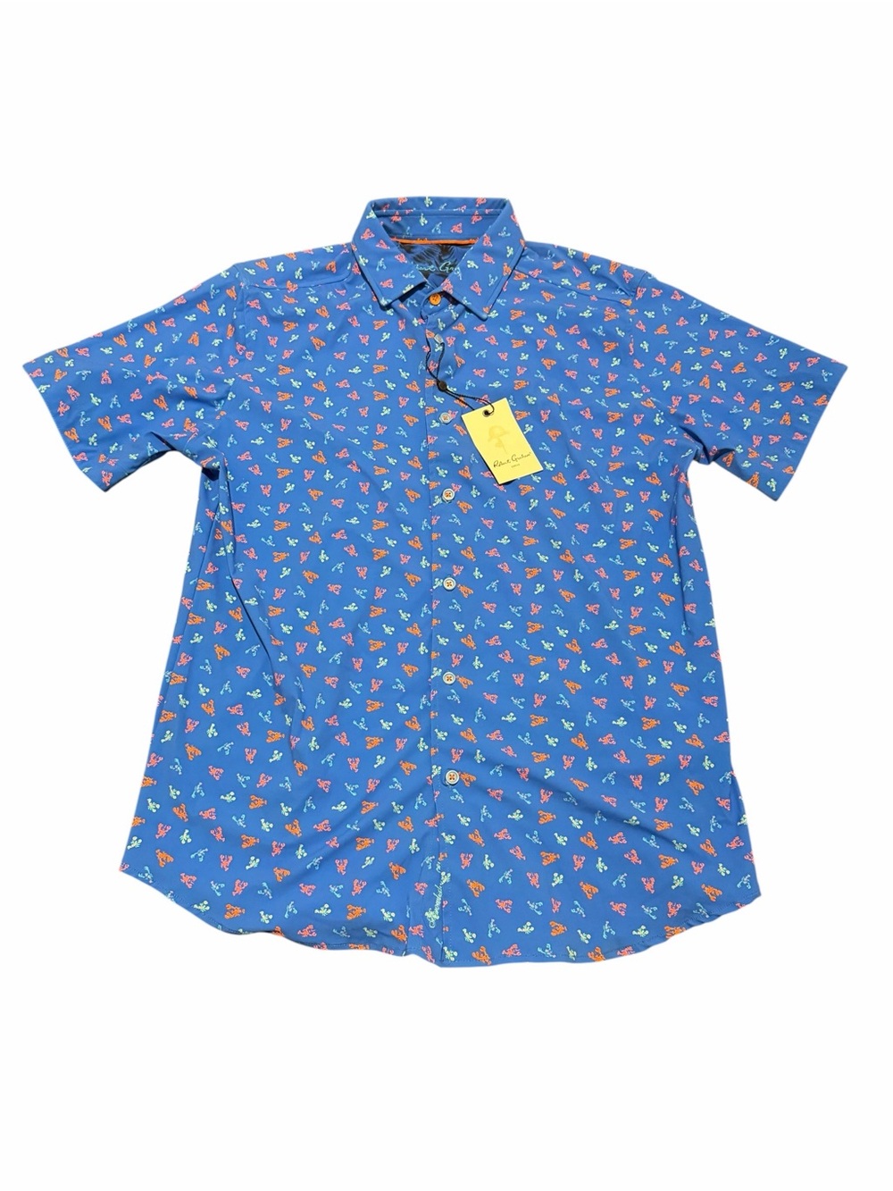 Robert Graham Blue Short-Sleeve Button-Down with Multicolor Motif, NWT, SZ M